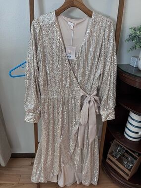 Lauren Conrad Champagne Sequin Wrap Dress with Sash